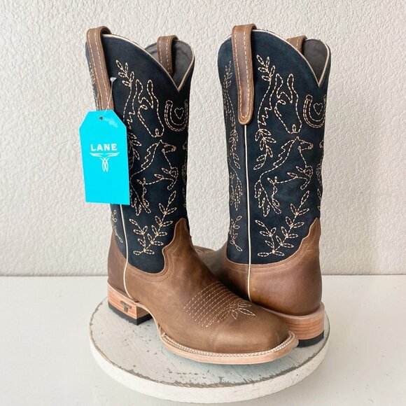 Lane BRIDLEOOD Womens Square Toe Cowboy Boots 9 Brown Western Cowgirl Mid Calf - Picture 1 of 11